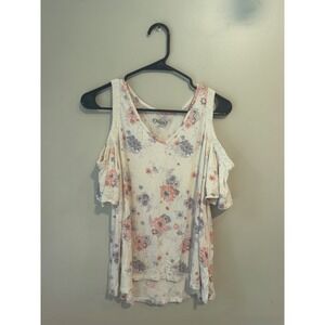 Mudd Womens Floral Cold Shoulder Top Medium Cream Crochet Lace V-Neck